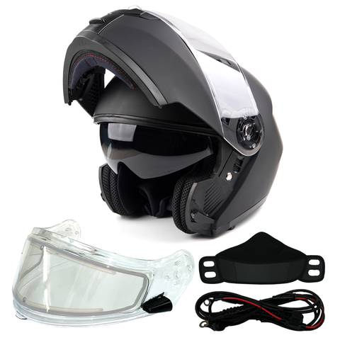 Matte Black Modular Dual Visor Adult Snowmobile Helmet Electric Heated Shield