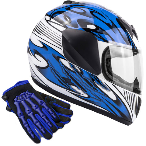 Motorcycle Combo - Youth Full Face Blue Helmet with Blue Gloves