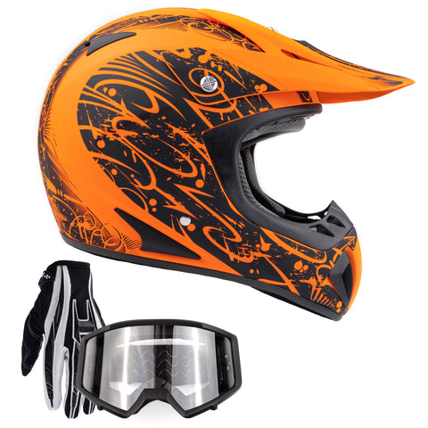 Adult Helmet Combo Matte Orange Splatter w/ Black Gloves and Goggles