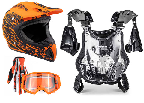 Orange Helmet, Orange Gloves, Goggles and Adult Chest Protector