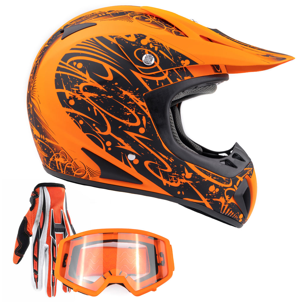 helmet and goggles combo Adult Orange MOTOCROSS ATV OFFROAD Helmet Combo with Gloves and Goggles S