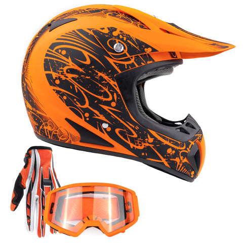 Adult Matte Orange Splatter Helmet, Orange Gloves & Goggles Combo