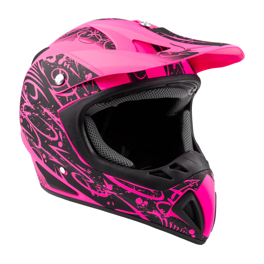 Pink Splatter Adult Motocross Helmet w Black Gloves Goggles