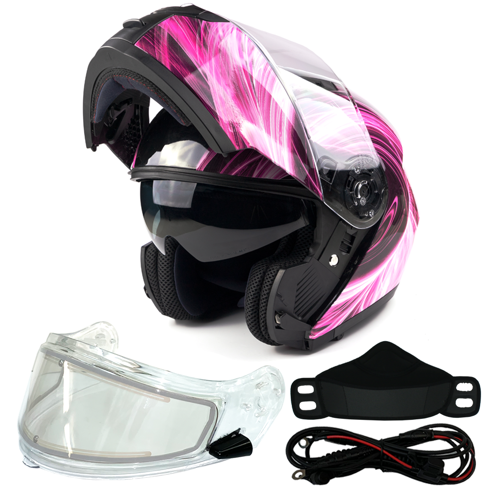 Adult Heated Modular Typhoon Snowmobile Helmet Pink Typhoon Helmets