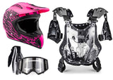 Pink Helmet, Black Gloves, Goggles & Adult Chest Protector