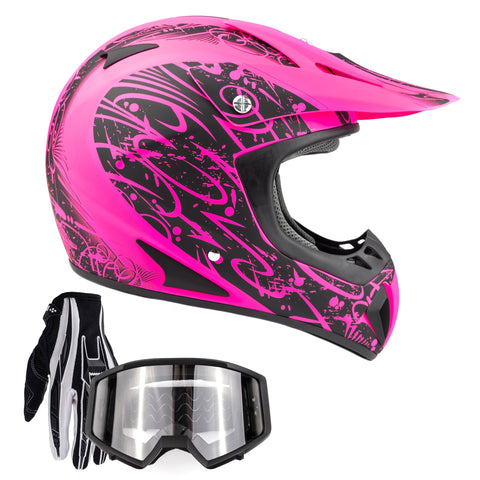 Adult Helmet Combo Matte Pink Splatter w/ Black Gloves & Goggles