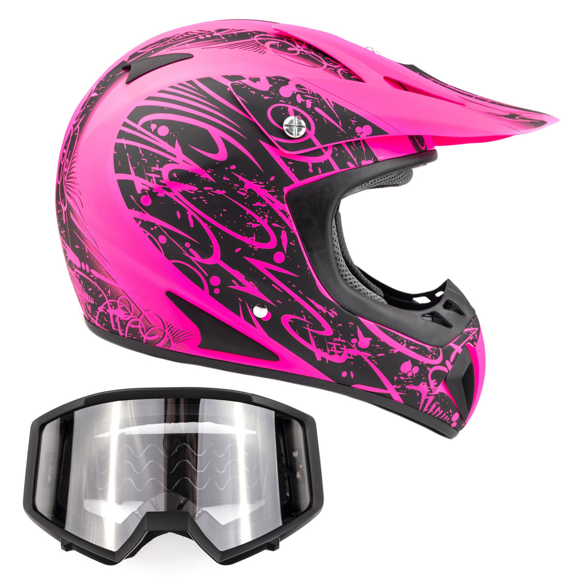 Adult TYPHOON OFFROAD ATV MOTOCROSS Helmet Pink with Black Goggles ...