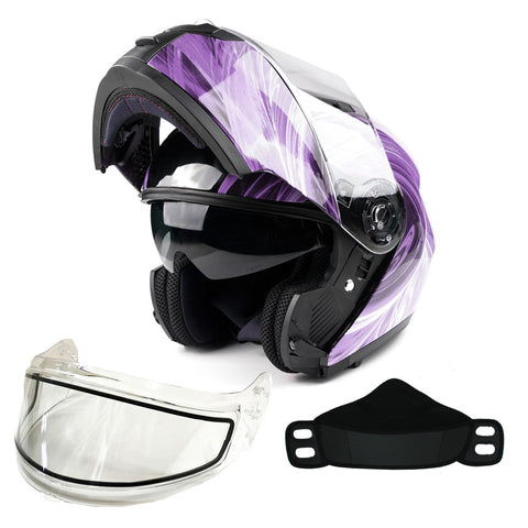 PURPLE Adult Modular Flip up Snowmobile Helmet with dual lens anti fog shield and drop down sun-glass
