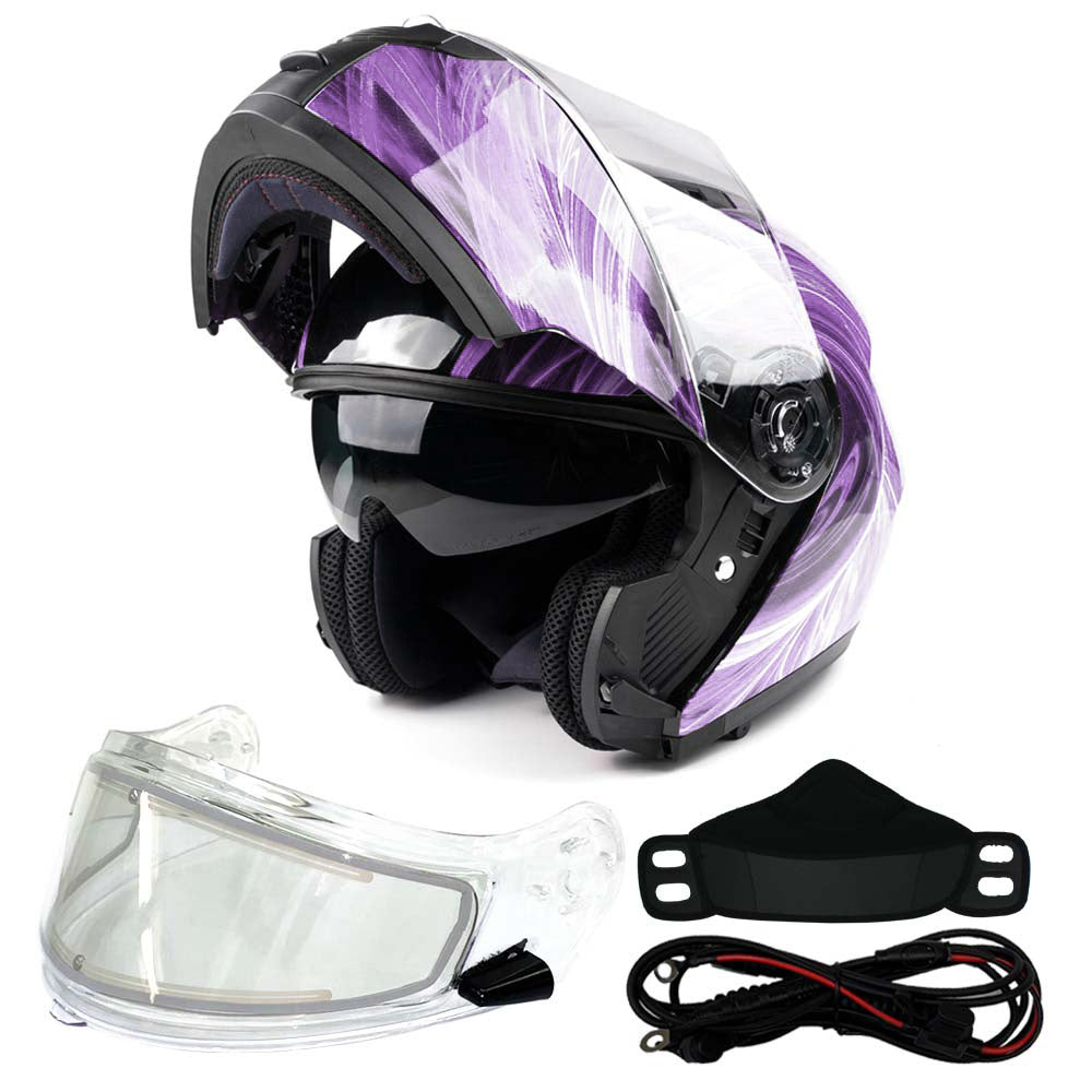 PURPLE Adult Modular Flip up Snowmobile Helmet with dual lens Heated shield and drop down sun-glass