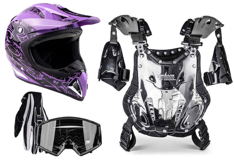 Purple Splatter Helmet, Black Gloves, Goggles & Adult Chest Protector