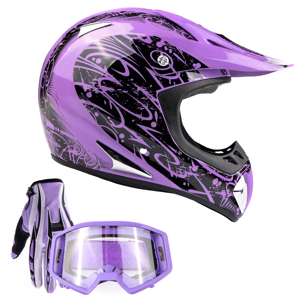 amazon purple bike helmet Purple Splatter Adult Motocross Helmet w/ Gloves & Goggles