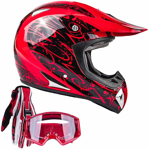 Red Splatter Adult Motocross Helmet w/ Red Gloves & Goggles Red Splatter Adult Motocross Helmet w/ Red Gloves & Goggles