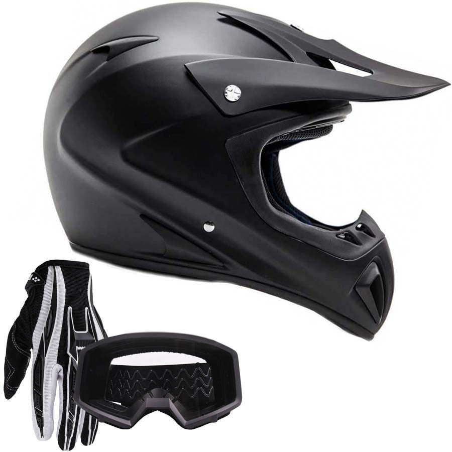 bike helmet w goggles gloves black Adult Helmet Combo Matte Black w/ Black Gloves & Black Goggles