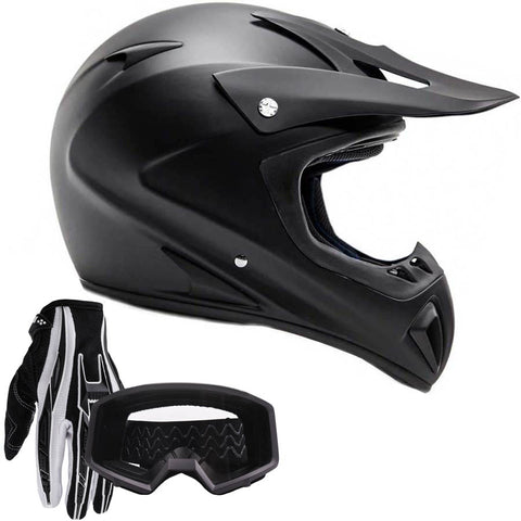 Adult Helmet Combo Matte Black w/ Black Gloves & Black Goggles