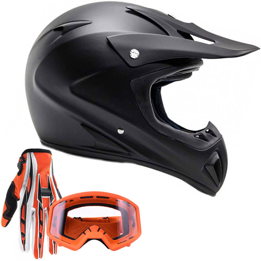 Black Adult Motocross Helmet K27 w/ Orange Gloves & Goggles