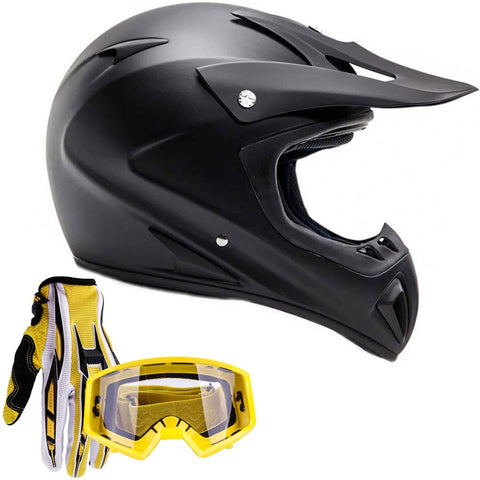 Adult Helmet Combo Matte Black w/ Yellow Gloves & Goggles