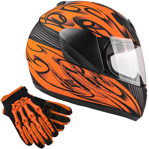 Motorcycle Combo - Youth Full Face Matte Orange Helmet And Gloves