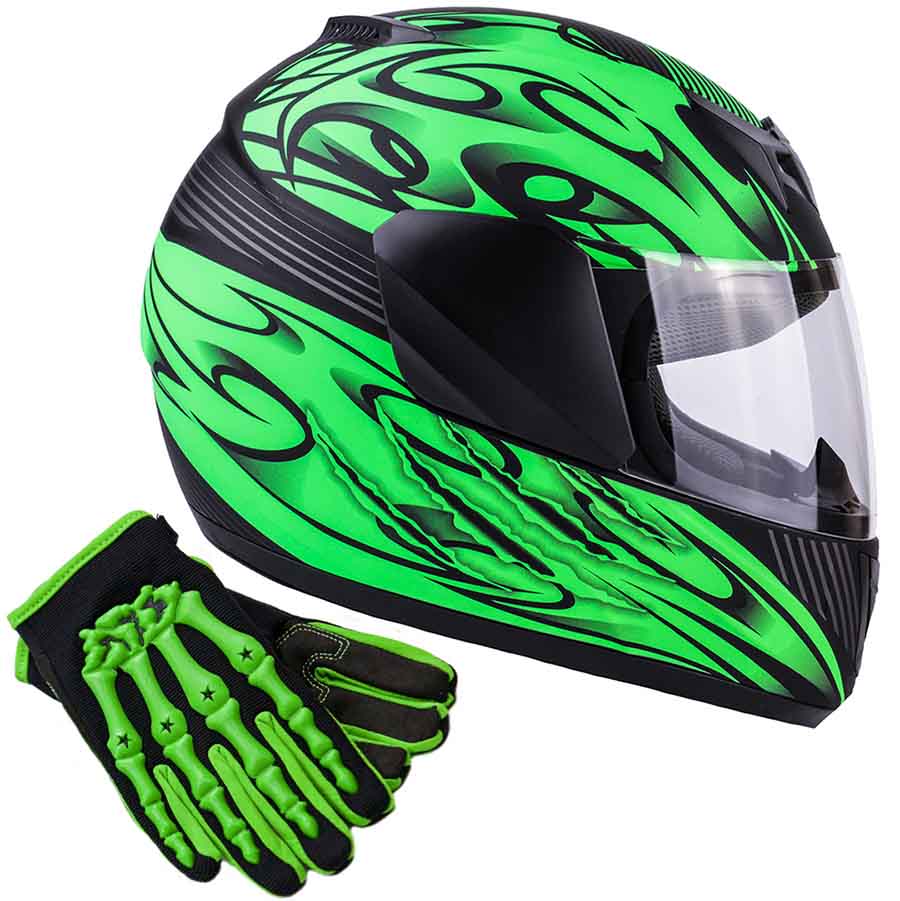 full face green motorcycle helmet Youth Kids Full Face Green Typhoon Helmet with Green Gloves XL