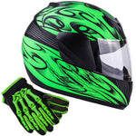 Motorcycle Combo - Youth Full Face Matte Green Helmet with Green Gloves