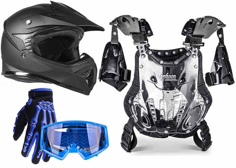 Matte Black Helmet, Blue Gloves, Goggles & Youth Chest Protector