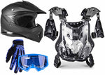 Matte Black Helmet, Blue Gloves, Goggles & Pee-Wee Chest Protector