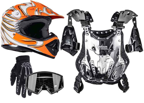 Orange Helmet, Black Gloves Goggles & Youth Chest Protector