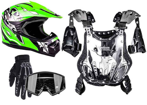 Green Helmet, Black Gloves, Goggles & Youth Chest Protector