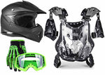 Matte Black Helmet, Green Gloves, Goggles & Pee-Wee Chest Protector