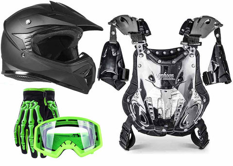 Matte Black Helmet, Green Gloves, Goggles & Youth Chest Protector