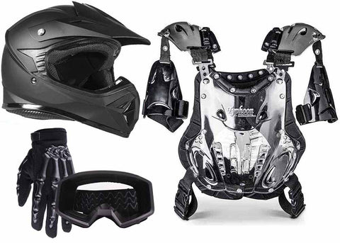 Matte Black Helmet, Gloves, Goggles & Pee-Wee Chest Protector