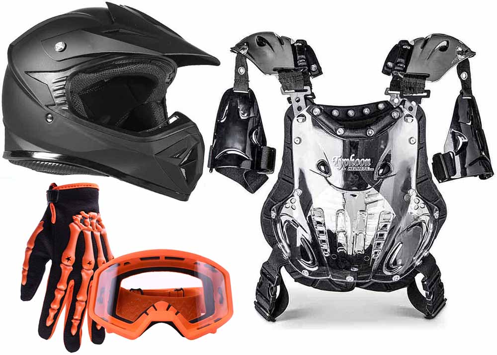 Matte Black Helmet, Orange Gloves, Goggles Youth Chest Protector