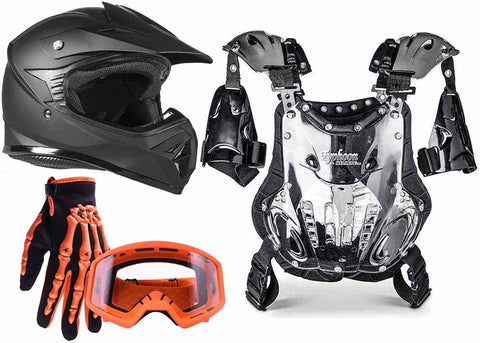 Matte Black Helmet, Orange Gloves, Goggles & Pee-Wee Chest Protector