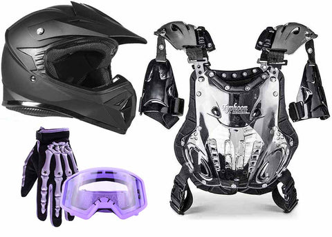 Matte Black Helmet, Purple Gloves, Goggles & Youth Chest Protector