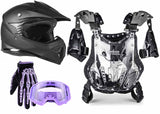 Matte Black Helmet, Purple Gloves, Goggles & Pee-Wee Chest Protector