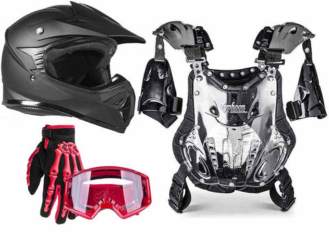 Matte Black Helmet, Red Gloves, Goggles & Pee-Wee Chest Protector