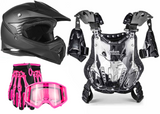 Matte Black Helmet, Pink Gloves, Goggles & Pee-Wee Chest Protector