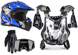 Blue Helmet, Black Gloves, Goggles & Youth Chest Protector